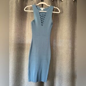 Blue Ribbed Lace-Up Sleeveless Bodycon Dress